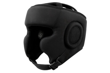 Black boxing headgear protecting athlete during training, transparent background