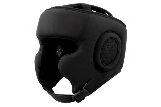 Black boxing headgear protecting athlete during training, transparent background