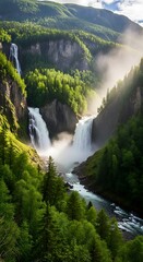 Lush green valley setting showcases towering waterfalls cascading down rocky cliffs, bathed in morning sunlight.