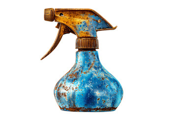 a blue spray bottle with a rusty handle