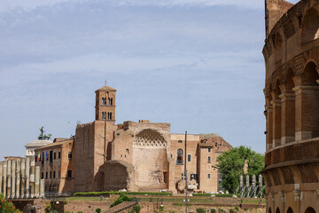 The temple of Venus and Roma, the largest temple in Ancient Rome. Located on the Velian Hill between the eastern edge of the Forum Romanum and the Colosseum. Rome, Italy on May 25, 2024. 