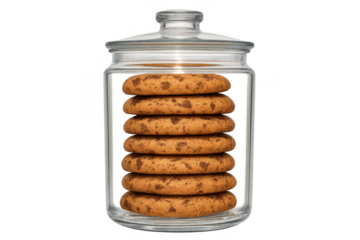 Stack of chocolate chip cookies inside a glass jar with transparent background