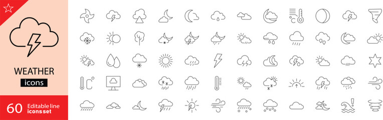 Weather editable stroke outline icons set. Including clouds, wind, rain, sun, weather forecast, snow, moon, snowflakes and storm. Vector illustration. 