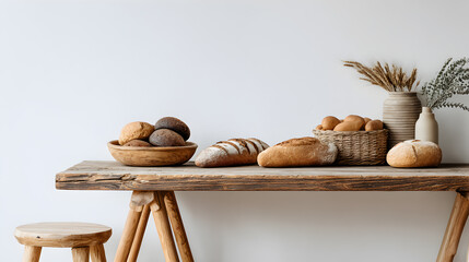 Still life of various breads and rolls beautifully displayed on a rustic wooden table, a perfect composition with a cozy aesthetic