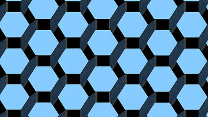 A vibrant, seamless vector illustration of a 3D soccer ball on a blue backdrop with a hexagonal honeycomb design