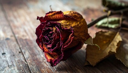 Withered rose on wooden surface