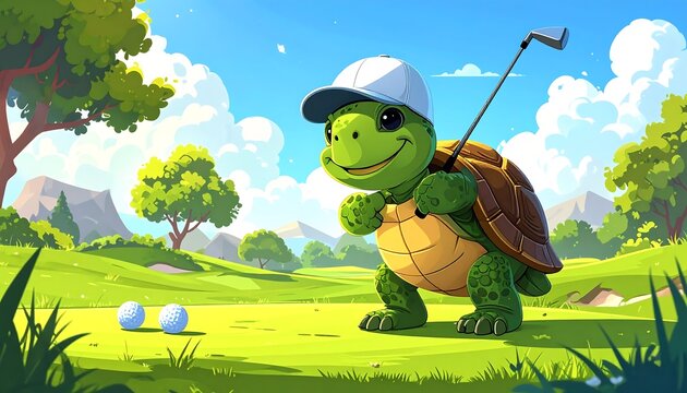 Cartoon turtle playing golf on a sunny green course