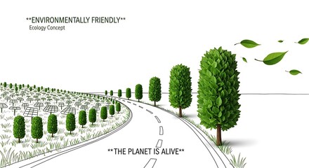 Environmentally friendly solar farm concept with green trees and leaves for a sustainable future design