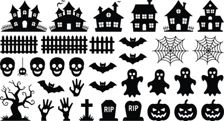 Halloween silhouettes haunted houses bats ghosts pumpkins spiders