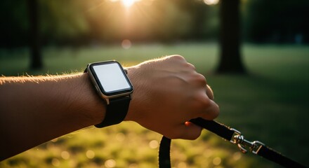 Man with smartwatch holding dog leash in park at sunset.