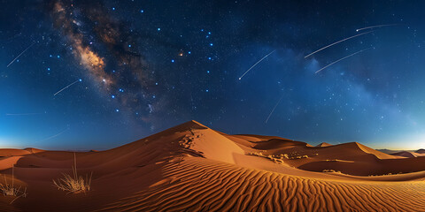 Vast desert dunes under a breathtaking starry night sky with the Milky Way and shooting stars.