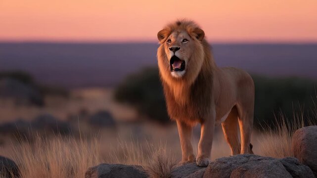 Lion wild animal savannah sunset wildlife mane roar grass rock nature majestic predator big cat African wilderness dusk open field standing natural habitat carnivore outdoor strength power warm light