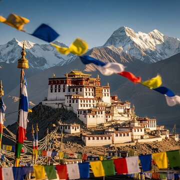 Thiksey Monastery, Ladakh: Himalayan Scenery with Prayer Flags