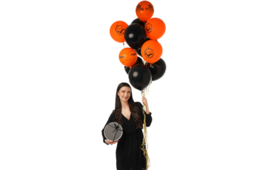 Young woman with Halloween balloons and gift, isolated on white, PNG
