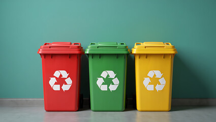 Recycling Bins of Color: A vibrant trio of recycling bins, adorned with the iconic symbol, stands in a clean and organized array against a teal backdrop.