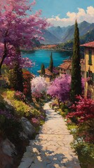 A winding stone path leads to the lake, surrounded by lush greenery and blooming flowers. 