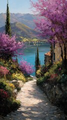 A winding stone path leads to the lake, surrounded by lush greenery and blooming flowers. 