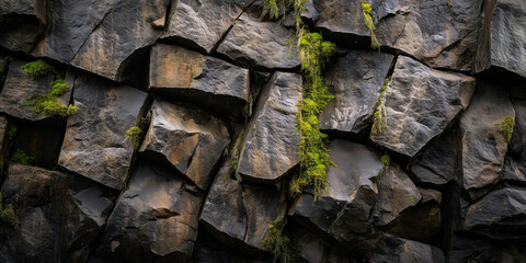 Close-up of natural stone wall with moss growing between rocks, rustic texture background for architecture and design