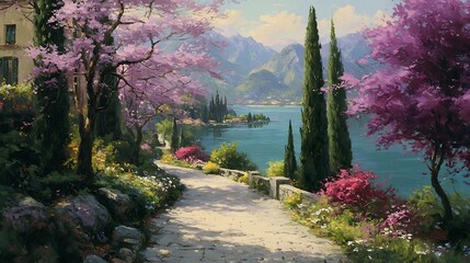 A winding stone path leads to the lake, surrounded by lush greenery and blooming flowers. 