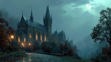 Fototapeta premium Spooky old gothic castle, foggy night, haunted mansion