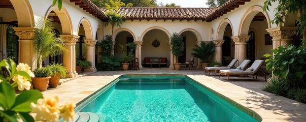 Sun-drenched patio with ornate Spanish tile, lush greenery, and a sparkling pool, embodying ultimate luxury and relaxation Perfect for travel, real estate, and lifestyle marketing , spain, scenic