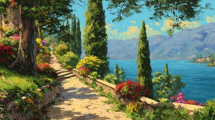 A winding stone path leads to the lake, surrounded by lush greenery and blooming flowers. 