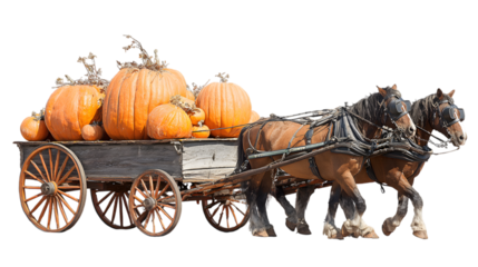 Harvest pumpkins on horse-drawn wagon, perfect for autumn festivals and celebrations isolated on white background