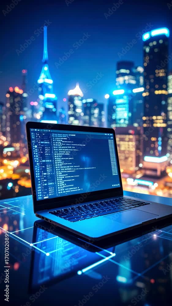 Poster open laptop displaying source code with an abstract futuristic city skyline background glowing in bl