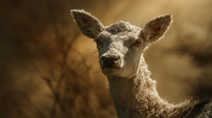 Obraz premium A fawn with cream-colored fur, gazing intently, framed by sun-dappled, blurred background