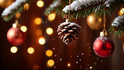 Christmas tree decorations and warm bokeh lights festive mood