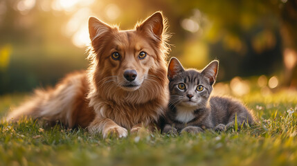 Cute Golden retriever dog and cat portrait posing in the lawn, Generative AI image.