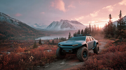 A futuristic off-road vehicle in the scenic mountain landscape setting during autumn sunset time. Generative AI image .

