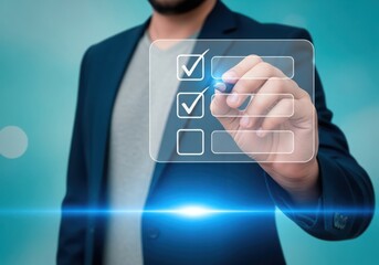 Man checking off items on a digital checklist with a stylus and glowing effect to-do list task