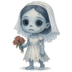 Sad zombie bride holding wilted roses illustration
