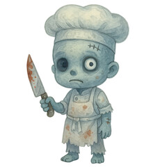 Cute zombie chef holding bloody knife illustration
