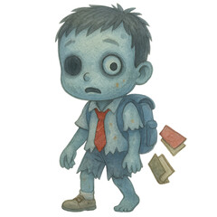 Cartoon zombie schoolboy with backpack and books
