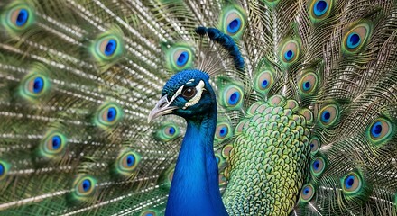 Obraz premium Peacock Walking Slowly Through Natural Green Landscape