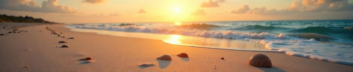 Obraz premium Sun-kissed sand, fading sunlight, seashells scattered on the shore, waves gently rolling back to the ocean; the beach is slowly emptying as the day ends , solitude, vacation, nature
