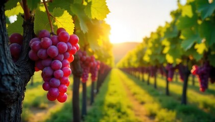 Fototapeta premium Sun-drenched rows of ripening grapes hanging heavy on the vine, ready for harvest at a picturesque winery Lush green foliage surrounds the vibrant fruit , grapes, berries, wine production