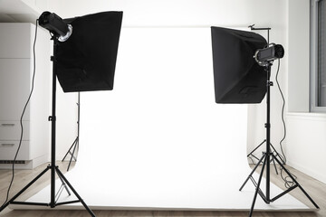 Bright studio area equipped with two softbox lights ready for use