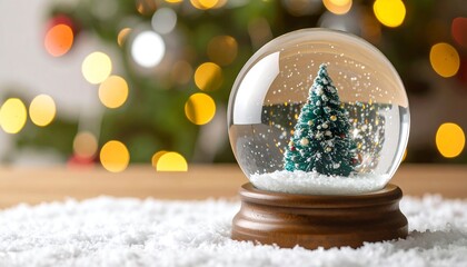 Christmas snow globe, tiny tree, bokeh lights