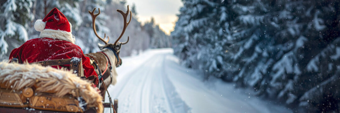Santa Claus with reindeer sleigh on the road in winter forest - Powered by Adobe