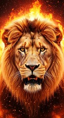 Fototapeta premium A powerful lion, its mane aflame with fiery orange, displays intense focus and raw strength.
