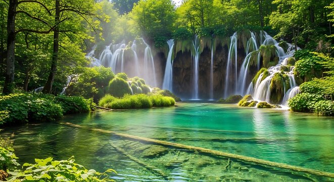 Lush, vibrant waterfall cascade into a crystal-clear, emerald pool surrounded by dense, verdant foliage.