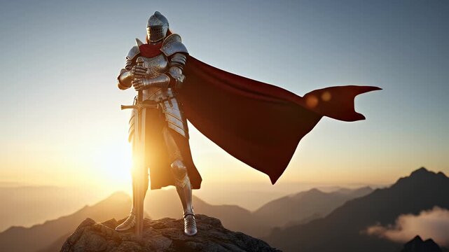 A victorious knight in shining armor with a red cape standing on a mountain peak at sunrise.