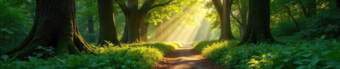 Fototapeta premium Sunlit Path Through Lush Forest Park Tranquil Summer Scene of Ancient Trees and Vibrant Undergrowth, Perfect for Travel and Nature Photography