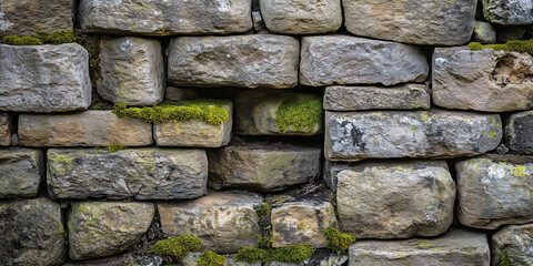 Close-up of natural stone wall with moss growing between rocks, rustic texture background for architecture and design