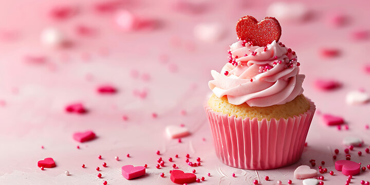 Sweet pink cupcake topped with heart sprinkles and frosting, perfect for celebrations - Powered by Adobe