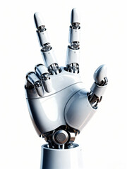 A futuristic robotic hand in a peace gesture with two fingers raised, featuring ultra-detailed silver metallic components and articulated joints
