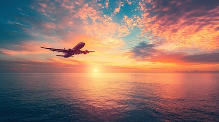 Airplane flying over tropical sea at beautiful sunset or sunrise scenery background